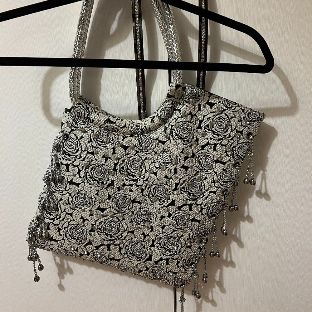 Silver with Black rose design & Rhinestones and silver balls Pocketbook